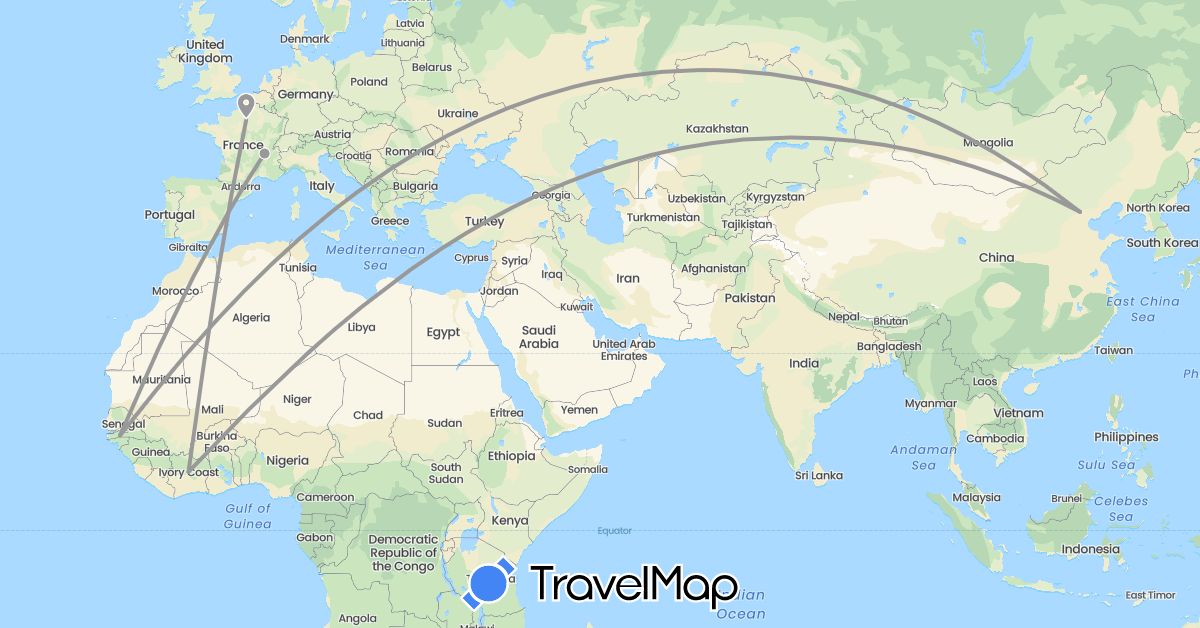 TravelMap itinerary: driving, plane in Côte d'Ivoire, China, France, Senegal (Africa, Asia, Europe)